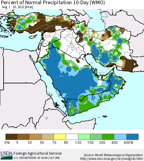 Middle East and Turkey Percent of Normal Precipitation 10-Day (WMO) Thematic Map For 8/1/2022 - 8/10/2022
