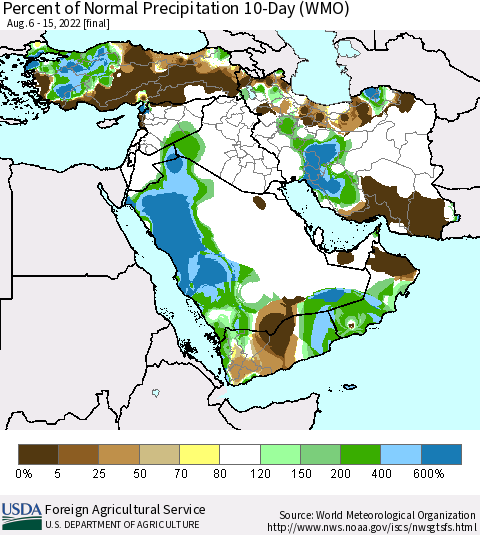 Middle East and Turkey Percent of Normal Precipitation 10-Day (WMO) Thematic Map For 8/6/2022 - 8/15/2022