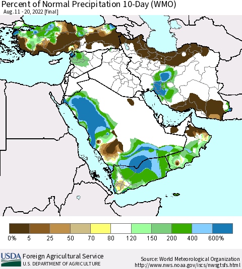 Middle East and Turkey Percent of Normal Precipitation 10-Day (WMO) Thematic Map For 8/11/2022 - 8/20/2022