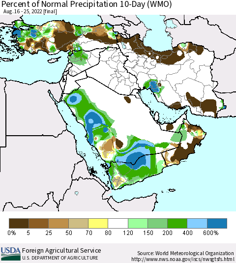 Middle East and Turkey Percent of Normal Precipitation 10-Day (WMO) Thematic Map For 8/16/2022 - 8/25/2022