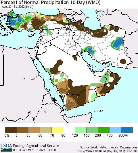 Middle East and Turkey Percent of Normal Precipitation 10-Day (WMO) Thematic Map For 8/21/2022 - 8/31/2022