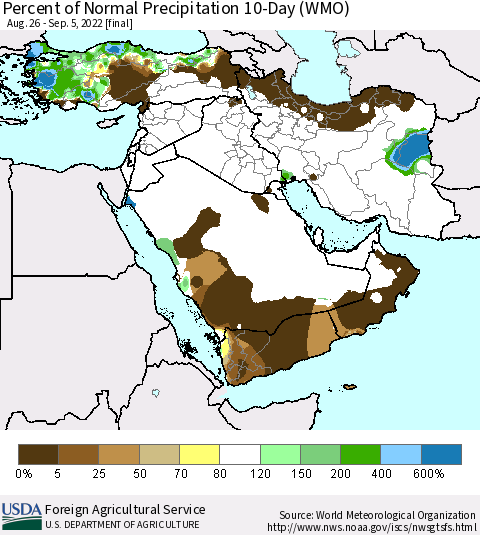 Middle East and Turkey Percent of Normal Precipitation 10-Day (WMO) Thematic Map For 8/26/2022 - 9/5/2022