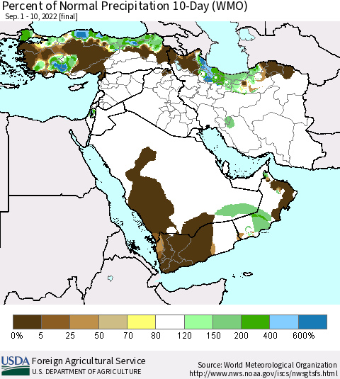 Middle East and Turkey Percent of Normal Precipitation 10-Day (WMO) Thematic Map For 9/1/2022 - 9/10/2022