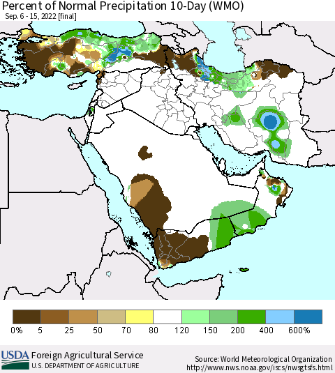 Middle East and Turkey Percent of Normal Precipitation 10-Day (WMO) Thematic Map For 9/6/2022 - 9/15/2022