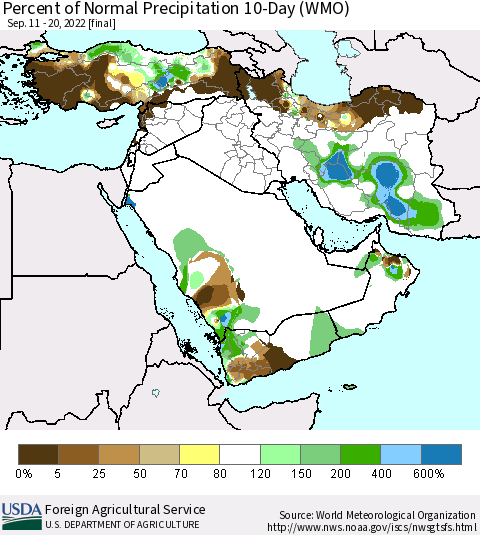 Middle East and Turkey Percent of Normal Precipitation 10-Day (WMO) Thematic Map For 9/11/2022 - 9/20/2022