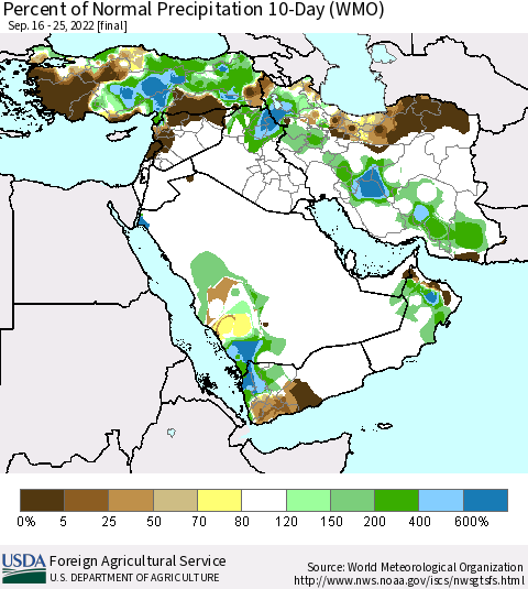 Middle East and Turkey Percent of Normal Precipitation 10-Day (WMO) Thematic Map For 9/16/2022 - 9/25/2022
