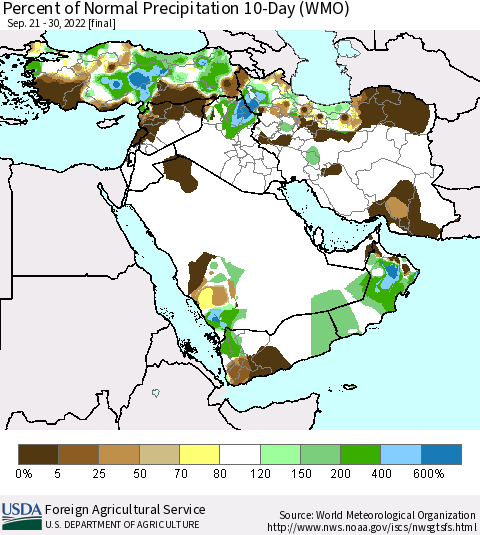 Middle East and Turkey Percent of Normal Precipitation 10-Day (WMO) Thematic Map For 9/21/2022 - 9/30/2022