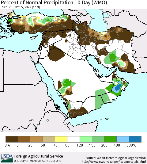 Middle East and Turkey Percent of Normal Precipitation 10-Day (WMO) Thematic Map For 9/26/2022 - 10/5/2022
