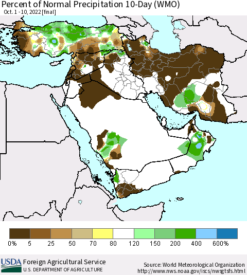 Middle East and Turkey Percent of Normal Precipitation 10-Day (WMO) Thematic Map For 10/1/2022 - 10/10/2022