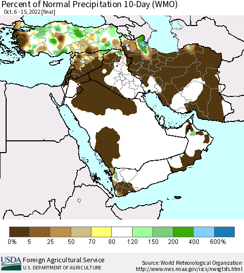Middle East and Turkey Percent of Normal Precipitation 10-Day (WMO) Thematic Map For 10/6/2022 - 10/15/2022