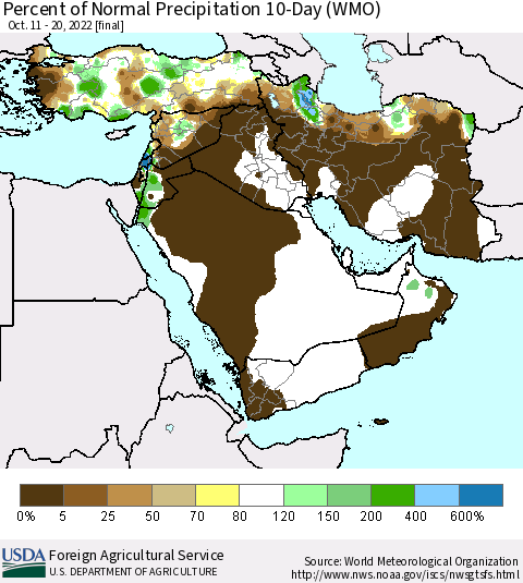 Middle East and Turkey Percent of Normal Precipitation 10-Day (WMO) Thematic Map For 10/11/2022 - 10/20/2022