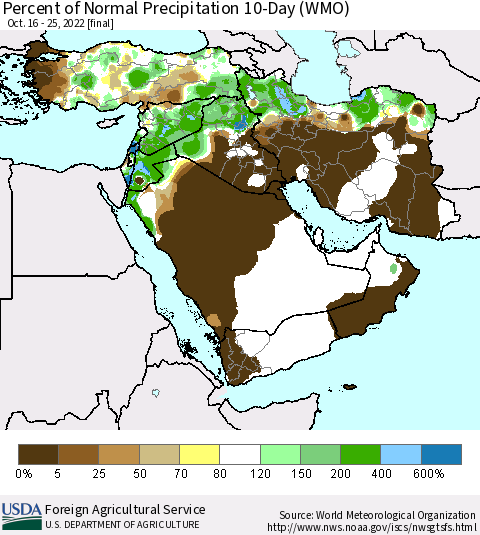 Middle East and Turkey Percent of Normal Precipitation 10-Day (WMO) Thematic Map For 10/16/2022 - 10/25/2022