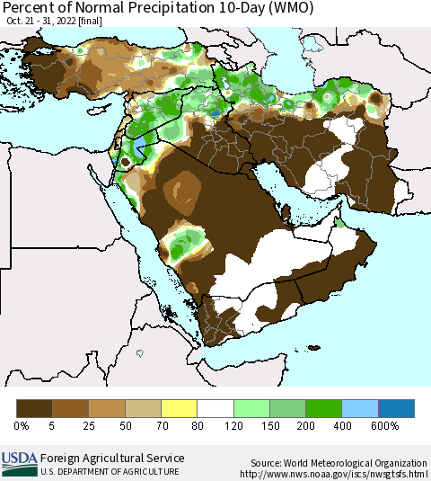 Middle East and Turkey Percent of Normal Precipitation 10-Day (WMO) Thematic Map For 10/21/2022 - 10/31/2022