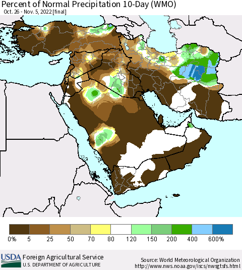 Middle East and Turkey Percent of Normal Precipitation 10-Day (WMO) Thematic Map For 10/26/2022 - 11/5/2022