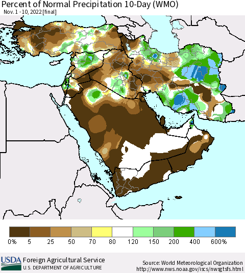 Middle East and Turkey Percent of Normal Precipitation 10-Day (WMO) Thematic Map For 11/1/2022 - 11/10/2022