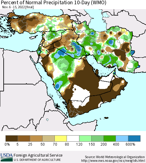Middle East and Turkey Percent of Normal Precipitation 10-Day (WMO) Thematic Map For 11/6/2022 - 11/15/2022