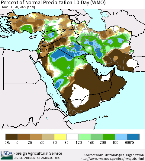 Middle East and Turkey Percent of Normal Precipitation 10-Day (WMO) Thematic Map For 11/11/2022 - 11/20/2022