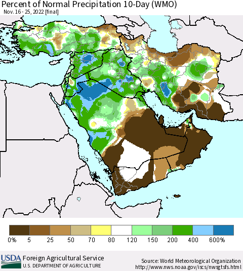 Middle East and Turkey Percent of Normal Precipitation 10-Day (WMO) Thematic Map For 11/16/2022 - 11/25/2022