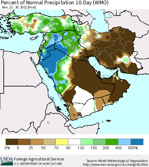 Middle East and Turkey Percent of Normal Precipitation 10-Day (WMO) Thematic Map For 11/21/2022 - 11/30/2022