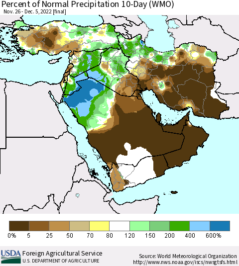 Middle East and Turkey Percent of Normal Precipitation 10-Day (WMO) Thematic Map For 11/26/2022 - 12/5/2022