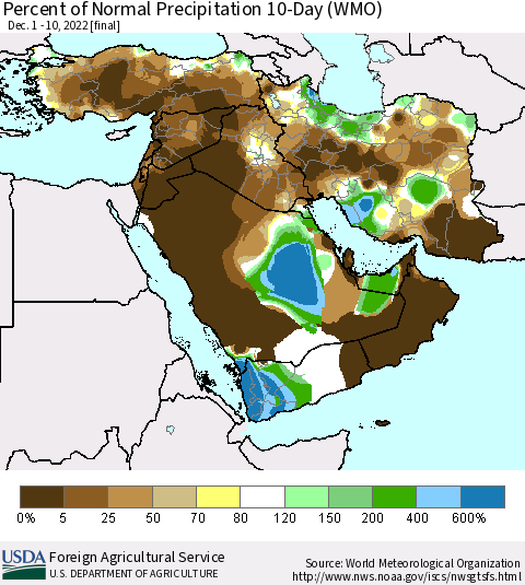 Middle East and Turkey Percent of Normal Precipitation 10-Day (WMO) Thematic Map For 12/1/2022 - 12/10/2022