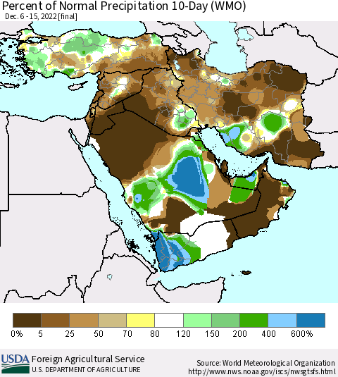 Middle East and Turkey Percent of Normal Precipitation 10-Day (WMO) Thematic Map For 12/6/2022 - 12/15/2022