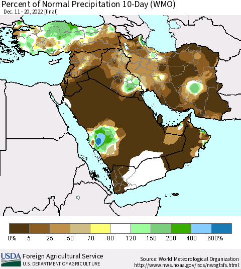 Middle East and Turkey Percent of Normal Precipitation 10-Day (WMO) Thematic Map For 12/11/2022 - 12/20/2022
