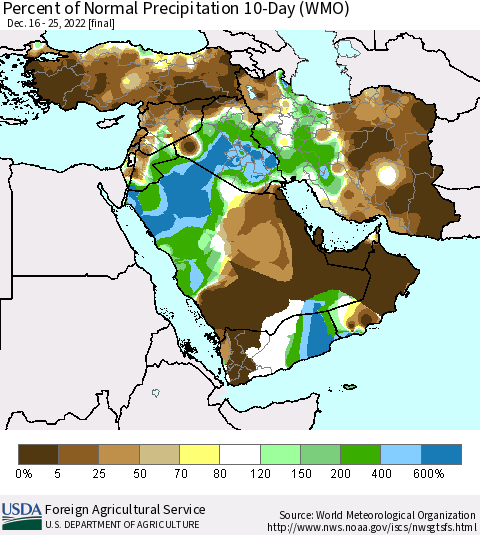 Middle East and Turkey Percent of Normal Precipitation 10-Day (WMO) Thematic Map For 12/16/2022 - 12/25/2022