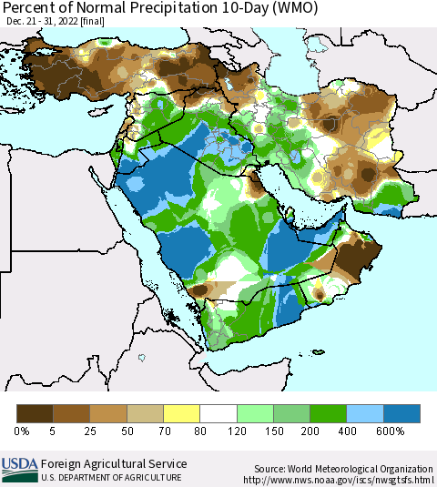Middle East and Turkey Percent of Normal Precipitation 10-Day (WMO) Thematic Map For 12/21/2022 - 12/31/2022