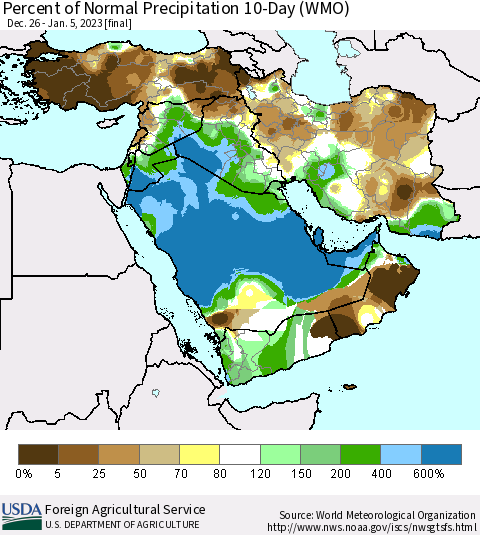 Middle East and Turkey Percent of Normal Precipitation 10-Day (WMO) Thematic Map For 12/26/2022 - 1/5/2023