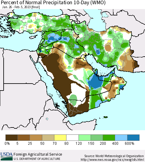 Middle East and Turkey Percent of Normal Precipitation 10-Day (WMO) Thematic Map For 1/26/2023 - 2/5/2023
