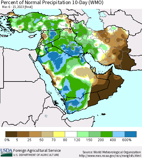 Middle East and Turkey Percent of Normal Precipitation 10-Day (WMO) Thematic Map For 3/6/2023 - 3/15/2023