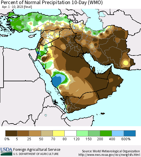 Middle East and Turkey Percent of Normal Precipitation 10-Day (WMO) Thematic Map For 4/1/2023 - 4/10/2023