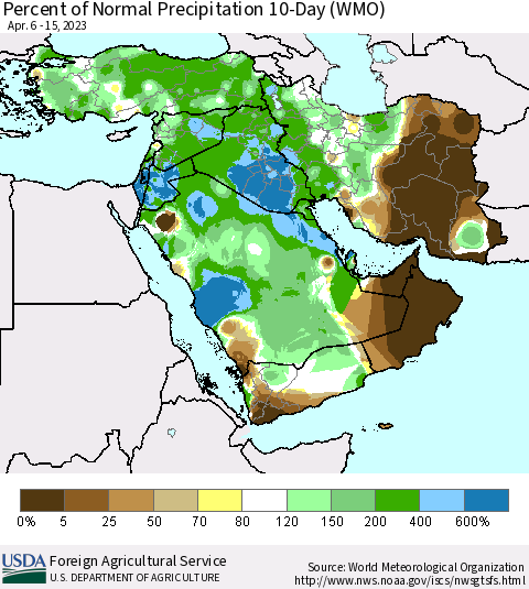 Middle East and Turkey Percent of Normal Precipitation 10-Day (WMO) Thematic Map For 4/6/2023 - 4/15/2023