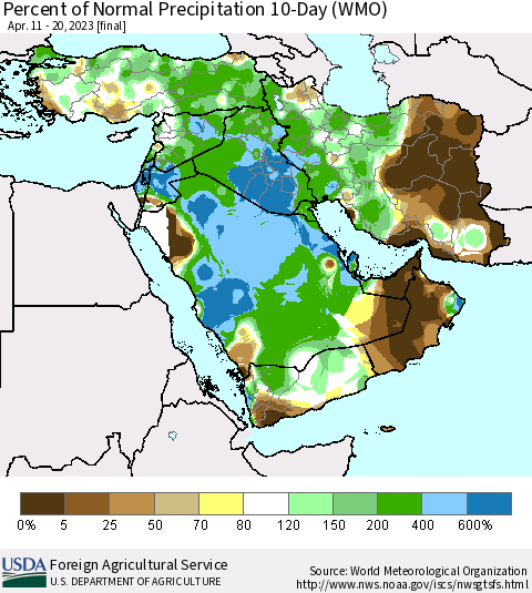 Middle East and Turkey Percent of Normal Precipitation 10-Day (WMO) Thematic Map For 4/11/2023 - 4/20/2023