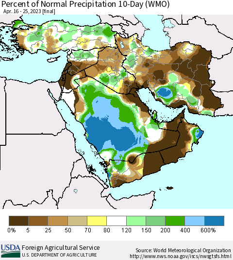 Middle East and Turkey Percent of Normal Precipitation 10-Day (WMO) Thematic Map For 4/16/2023 - 4/25/2023