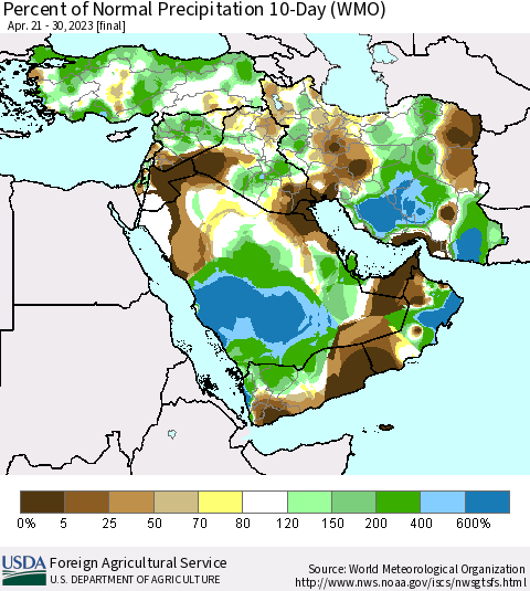 Middle East and Turkey Percent of Normal Precipitation 10-Day (WMO) Thematic Map For 4/21/2023 - 4/30/2023