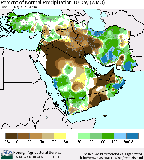 Middle East and Turkey Percent of Normal Precipitation 10-Day (WMO) Thematic Map For 4/26/2023 - 5/5/2023