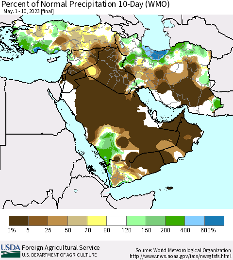 Middle East and Turkey Percent of Normal Precipitation 10-Day (WMO) Thematic Map For 5/1/2023 - 5/10/2023