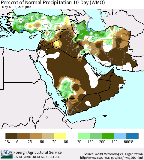 Middle East and Turkey Percent of Normal Precipitation 10-Day (WMO) Thematic Map For 5/6/2023 - 5/15/2023