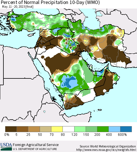 Middle East and Turkey Percent of Normal Precipitation 10-Day (WMO) Thematic Map For 5/11/2023 - 5/20/2023