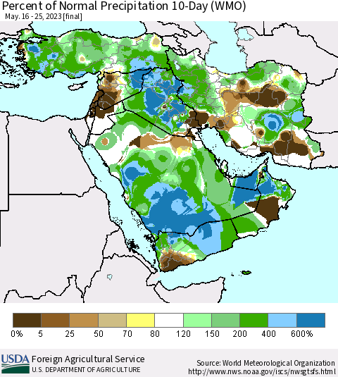 Middle East and Turkey Percent of Normal Precipitation 10-Day (WMO) Thematic Map For 5/16/2023 - 5/25/2023