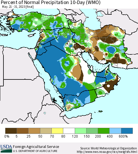 Middle East and Turkey Percent of Normal Precipitation 10-Day (WMO) Thematic Map For 5/21/2023 - 5/31/2023