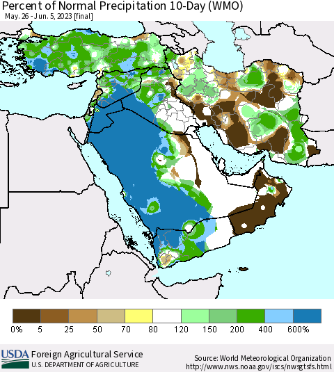 Middle East and Turkey Percent of Normal Precipitation 10-Day (WMO) Thematic Map For 5/26/2023 - 6/5/2023