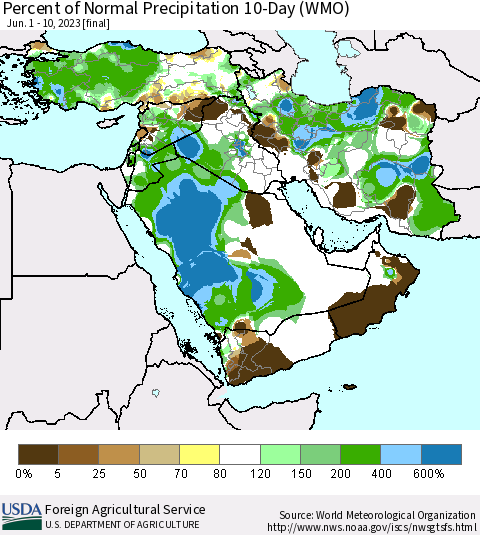 Middle East and Turkey Percent of Normal Precipitation 10-Day (WMO) Thematic Map For 6/1/2023 - 6/10/2023