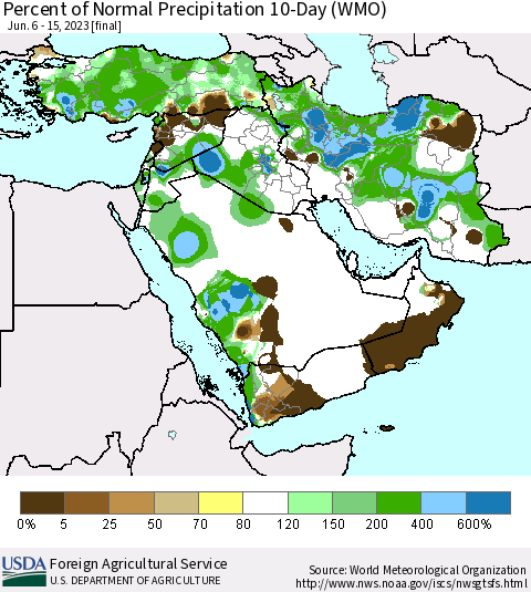 Middle East and Turkey Percent of Normal Precipitation 10-Day (WMO) Thematic Map For 6/6/2023 - 6/15/2023
