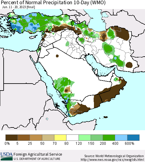 Middle East and Turkey Percent of Normal Precipitation 10-Day (WMO) Thematic Map For 6/11/2023 - 6/20/2023