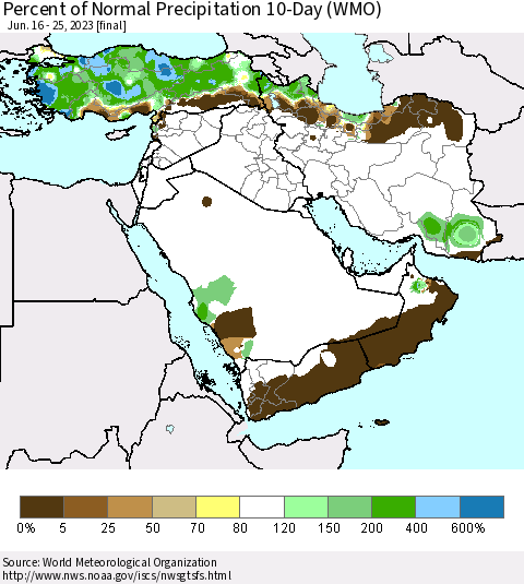 Middle East and Turkey Percent of Normal Precipitation 10-Day (WMO) Thematic Map For 6/16/2023 - 6/25/2023
