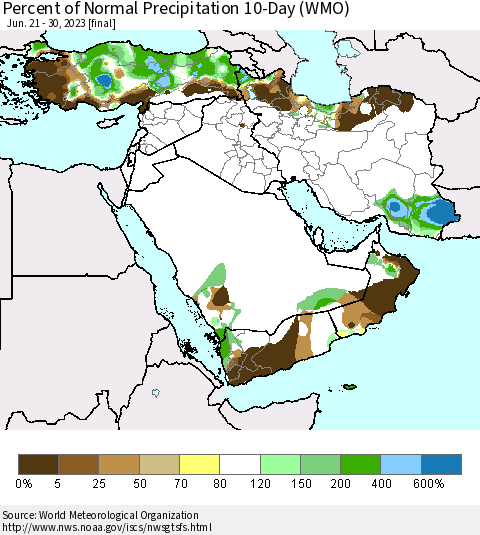 Middle East and Turkey Percent of Normal Precipitation 10-Day (WMO) Thematic Map For 6/21/2023 - 6/30/2023