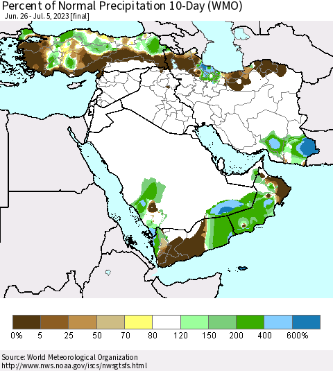 Middle East and Turkey Percent of Normal Precipitation 10-Day (WMO) Thematic Map For 6/26/2023 - 7/5/2023